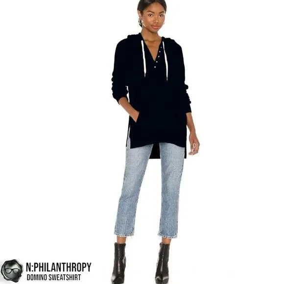 N:PHILANTHROPY DOMINO HOODIE HIGH-LOW SWEATSHIRT IN BLACK CAT WOMEN SIZE SMALL